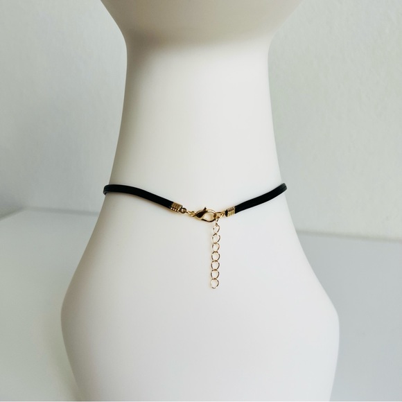 ⭐️Black Leather Gold Bar Double Cross Slider Minimalist Choker Necklace - Picture 5 of 6